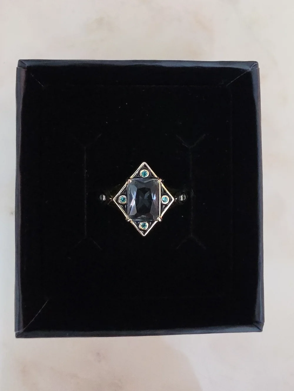 Gold-Tone Black & Teal Gemstone Ring - 925 Sterling Silver